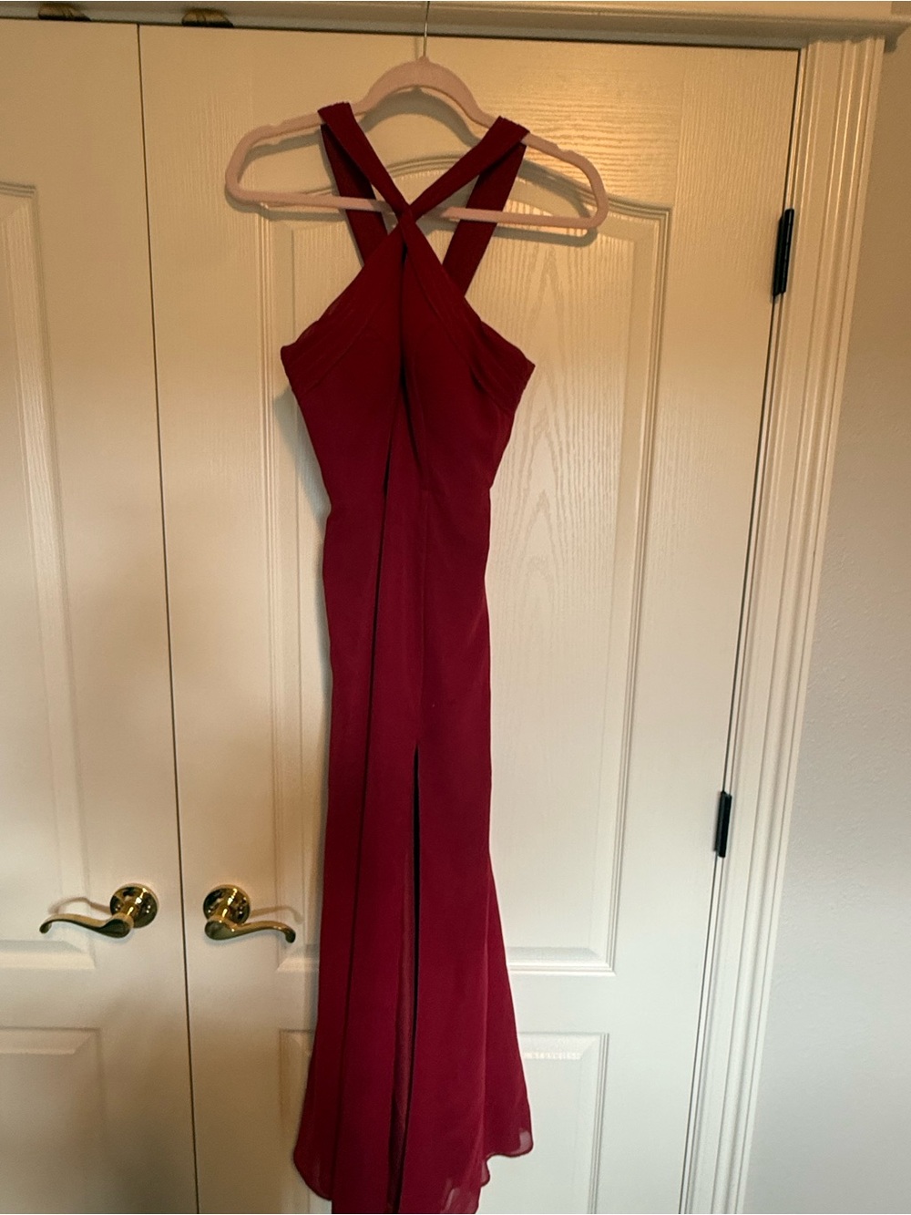 Azazie Burgundy One-Shoulder Crisscross Evening Gown